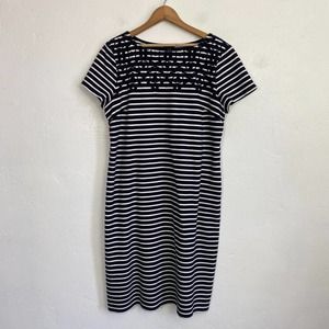 Talbots Shift Dress Women Size Large Stripe Embroidered Yoke Blue White